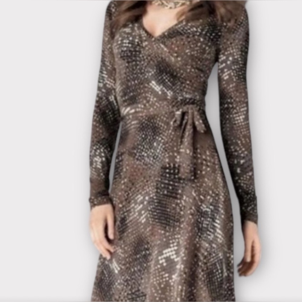 CAbi Women’s Large Dress Size Large Dappled Dots Long Sleeve Faux Wrap Jersey